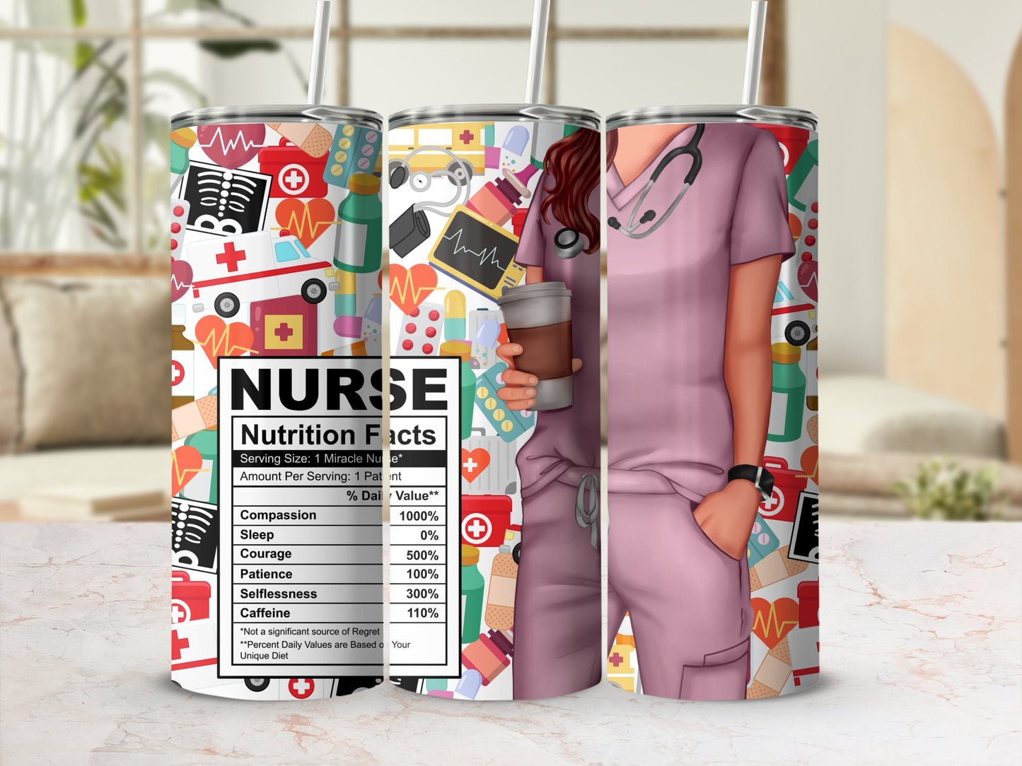 Tumbler with medical-themed patterns and "Nurse Nutrition Facts" label.