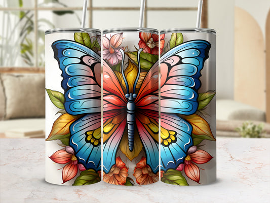Two tumblers with colorful butterfly designs and floral accents.
