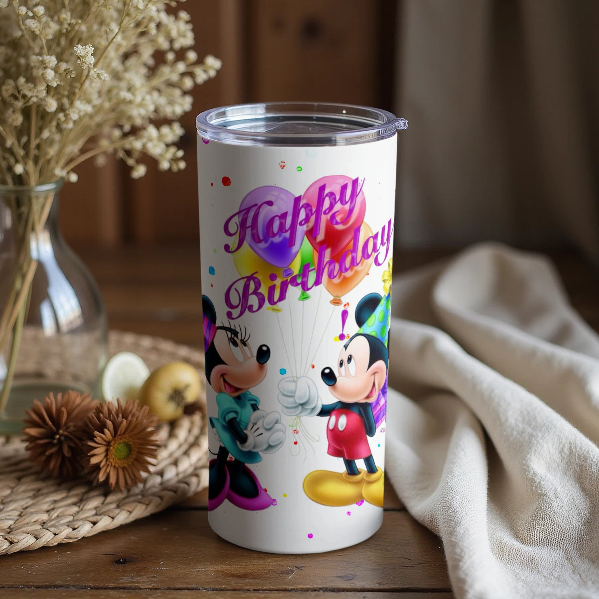 Colorful Mickey and Minnie Birthday Tumbler