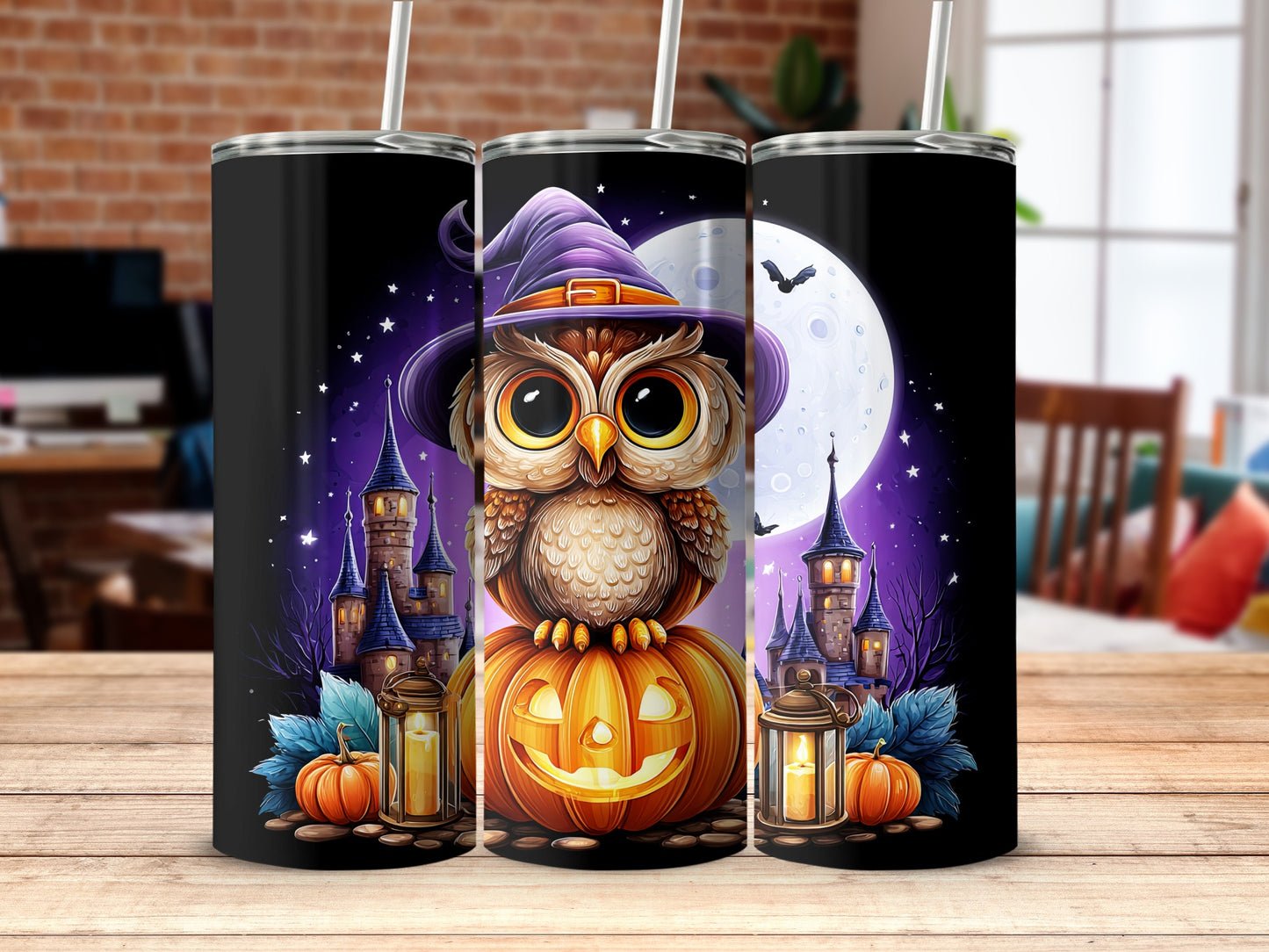 Magical Halloween Owl Tumbler Cup with Pumpkin Design