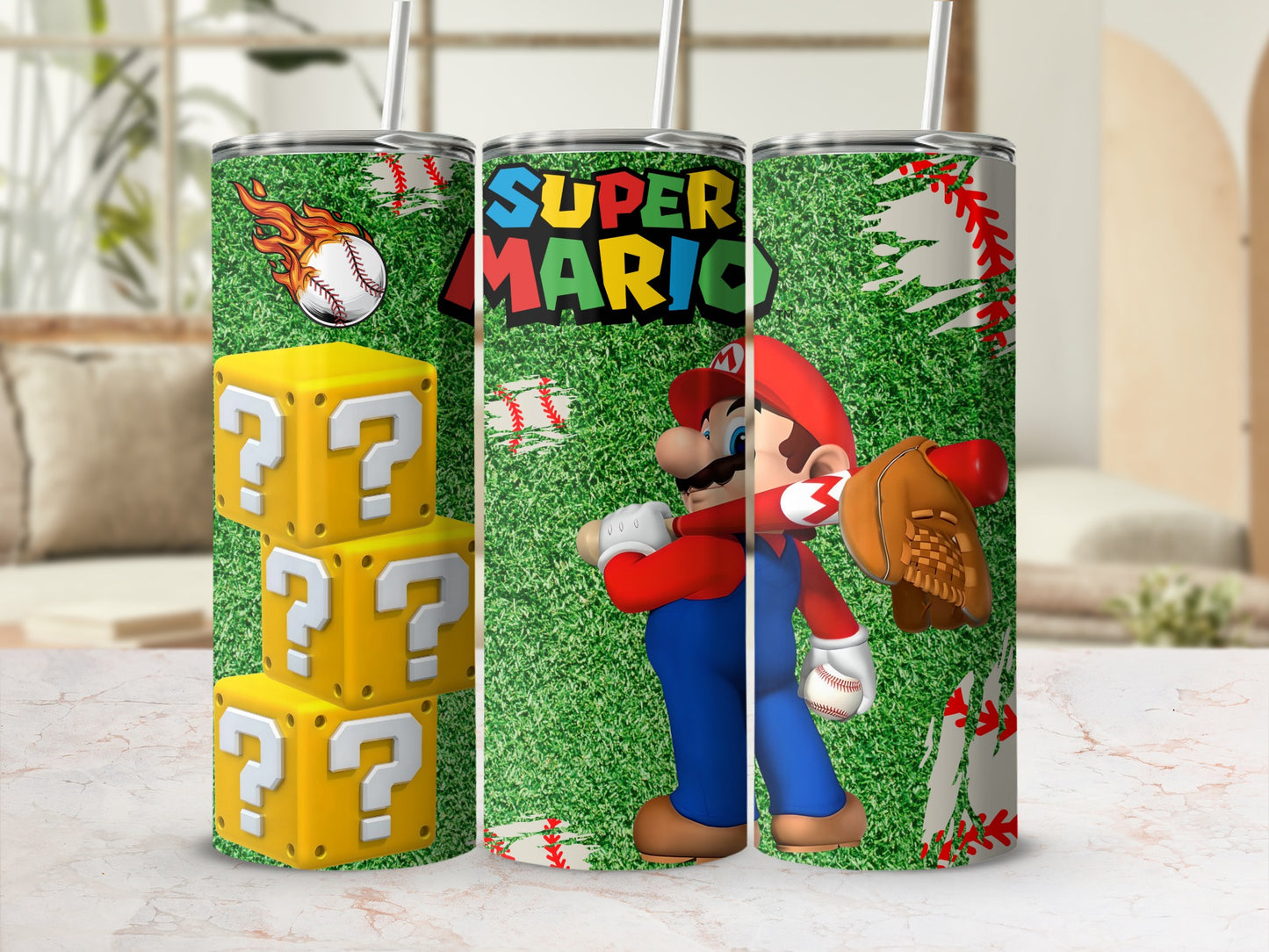 Super Mario Baseball Themed Tumbler with Straw