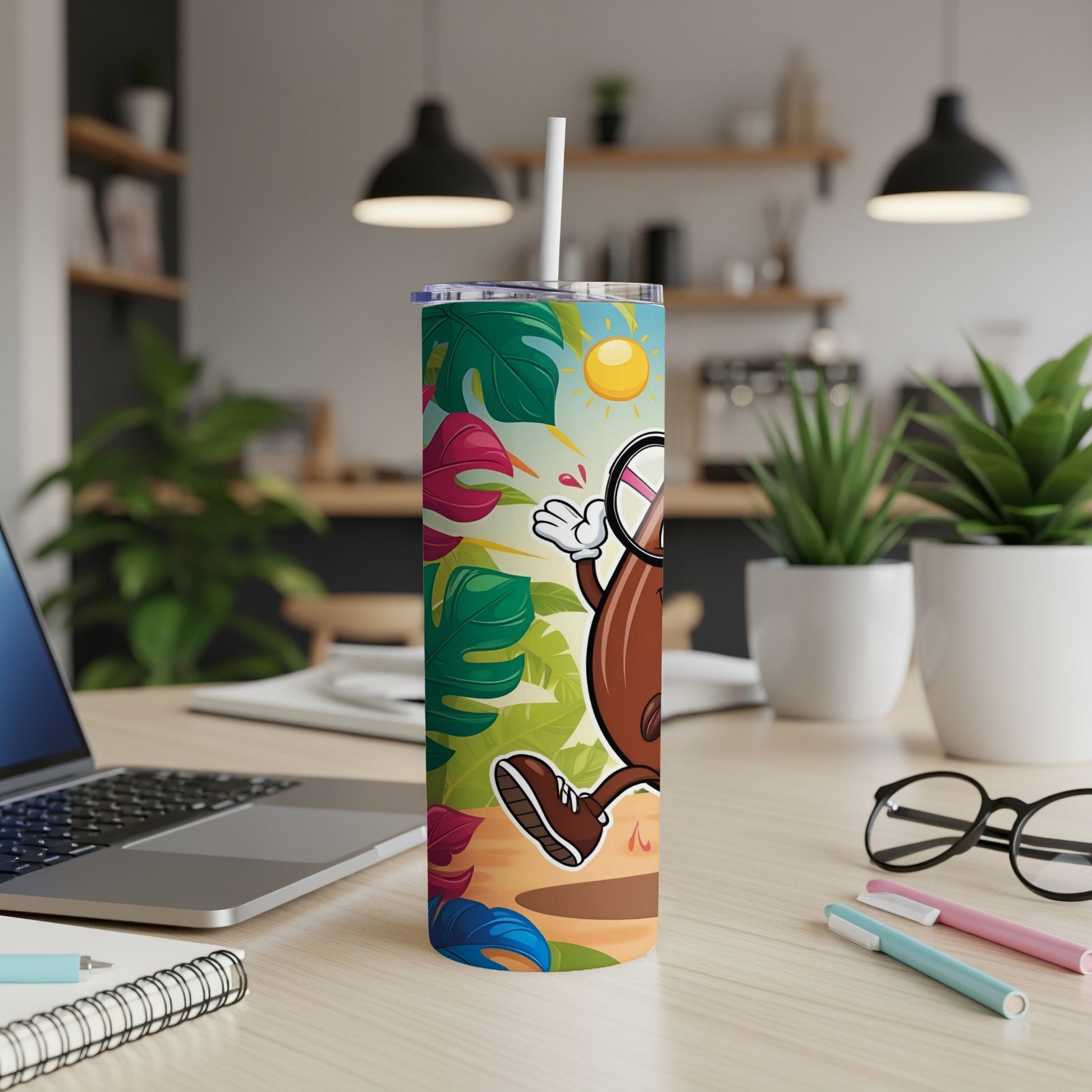 Cartoon chocolate bar with sunglasses and a magnifying glass walks among tropical leaves.