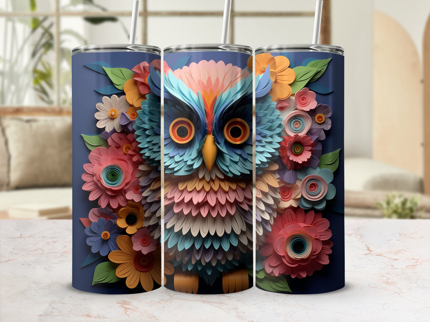 Tumbling owl design with colorful flowers on a navy blue background.