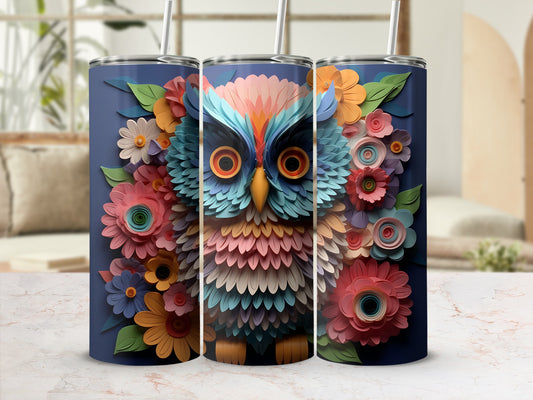 Tumbling owl design with colorful flowers on a navy blue background.