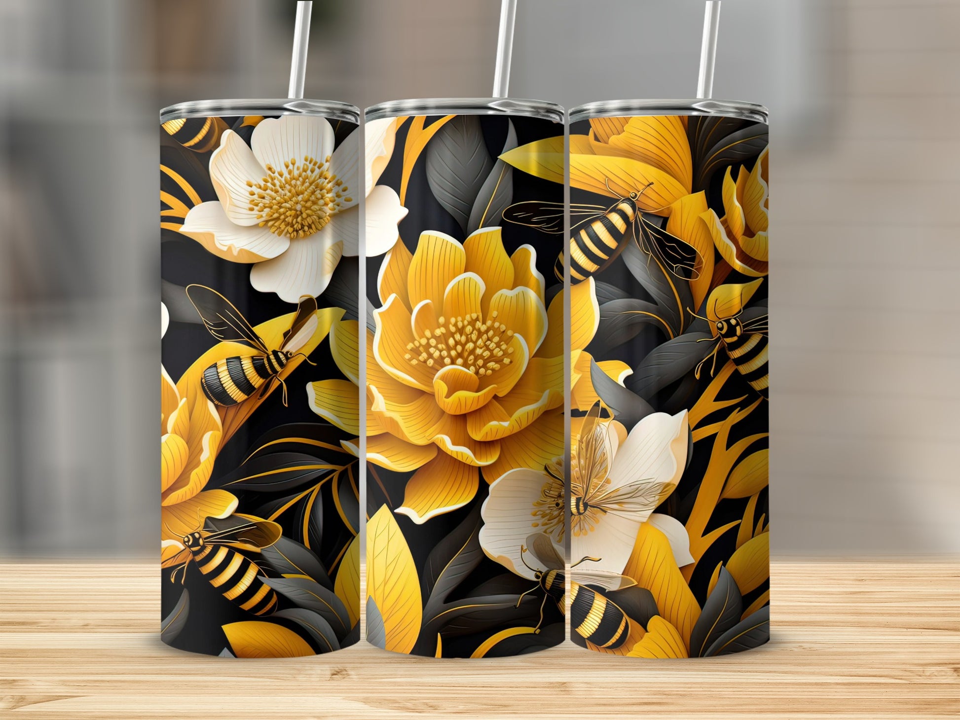 Vibrant Bee and Floral Design Tall Drinkware Tumblers