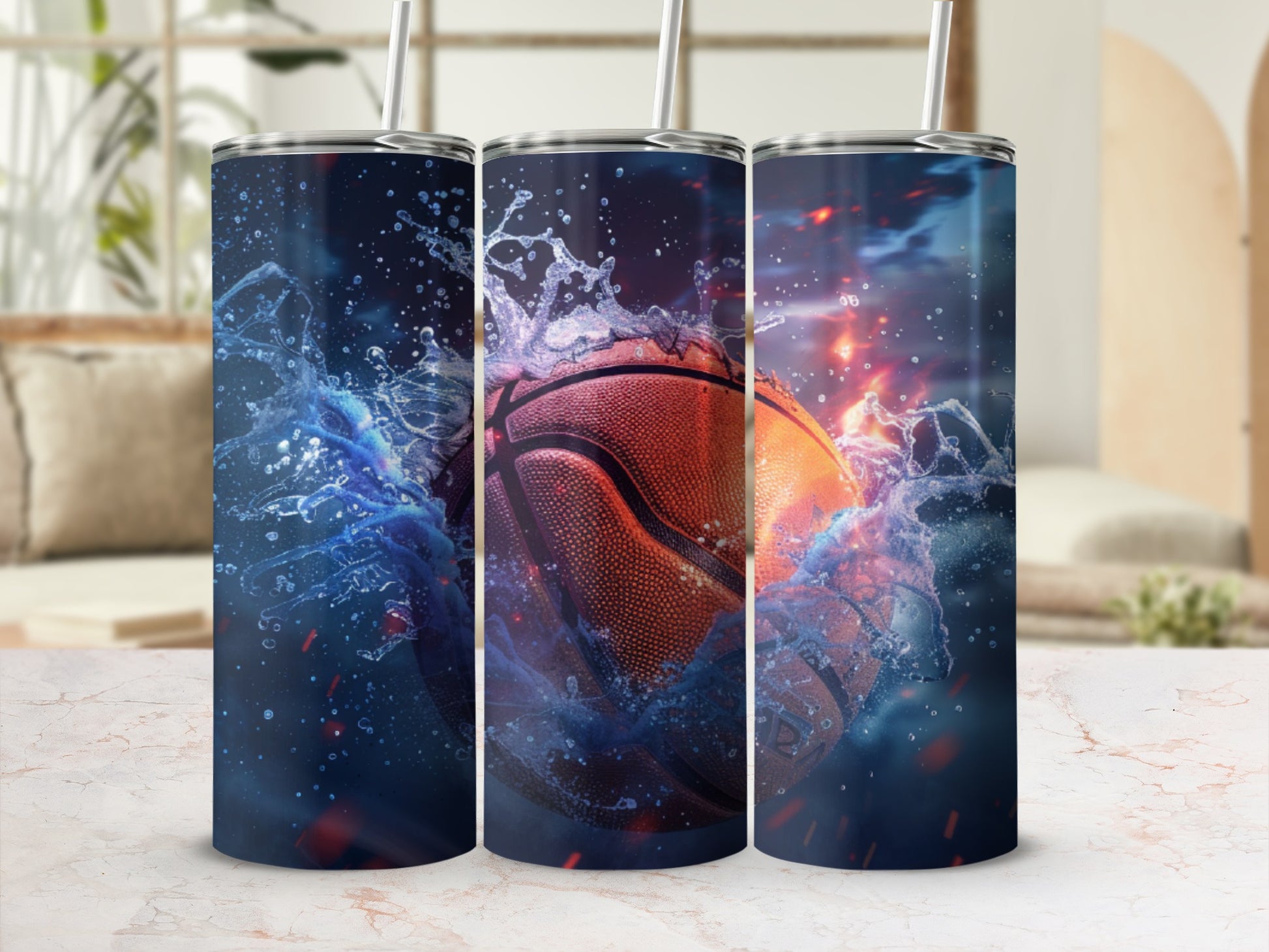 Basketball splashing through water with dynamic lighting.