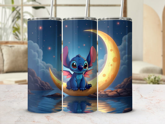 Cute Cartoon Creature Sitting on Moon Tumbler Design