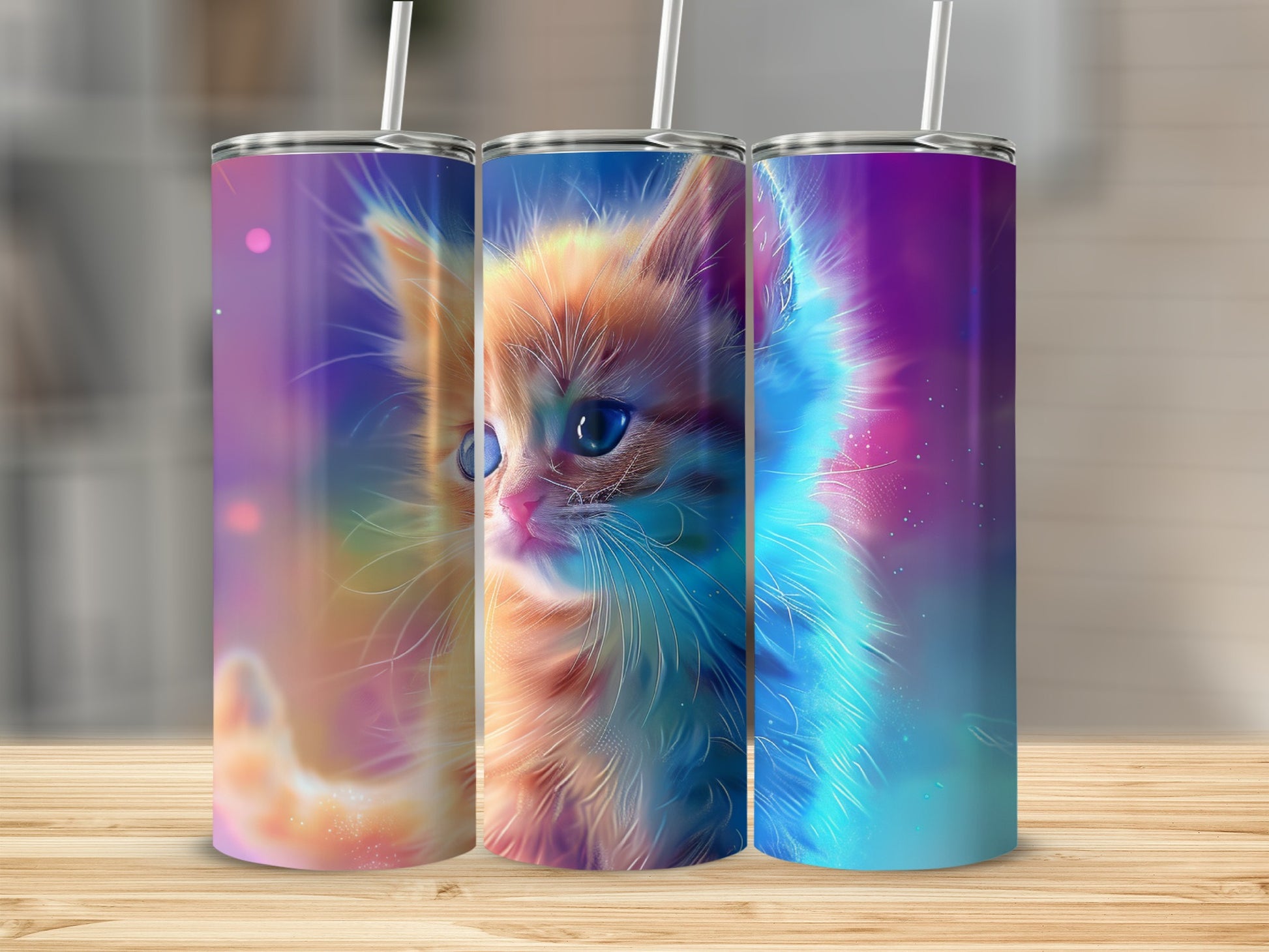 Three illuminated tumblers featuring a fluffy orange kitten with blue eyes.