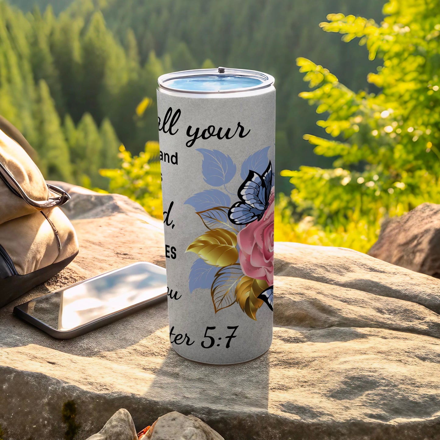 Inspirational Peter 5:7 Floral Butterfly Tumbler
