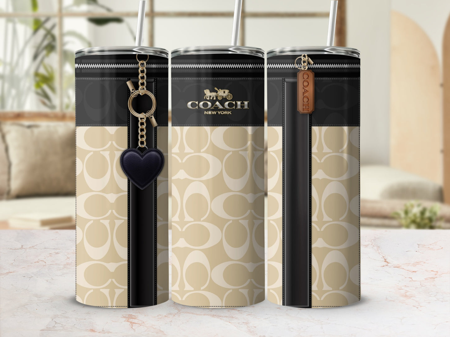 Coach New York Branded Insulated Tumbler with Heart Charm