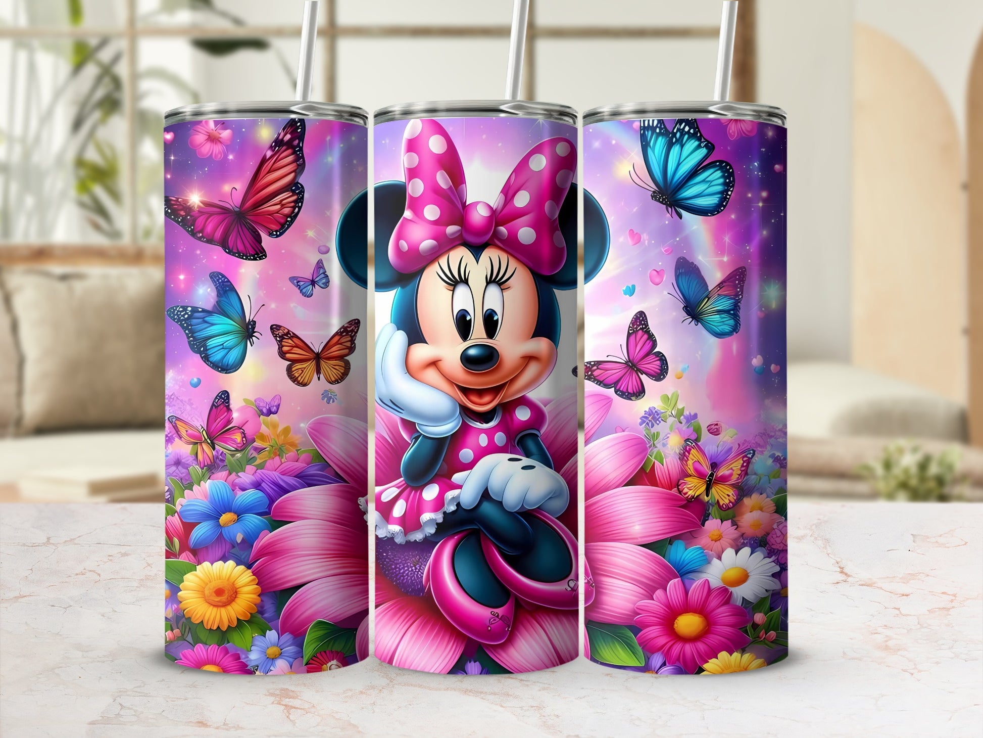 Vibrant Minnie Mouse Tumblers with Butterflies Design