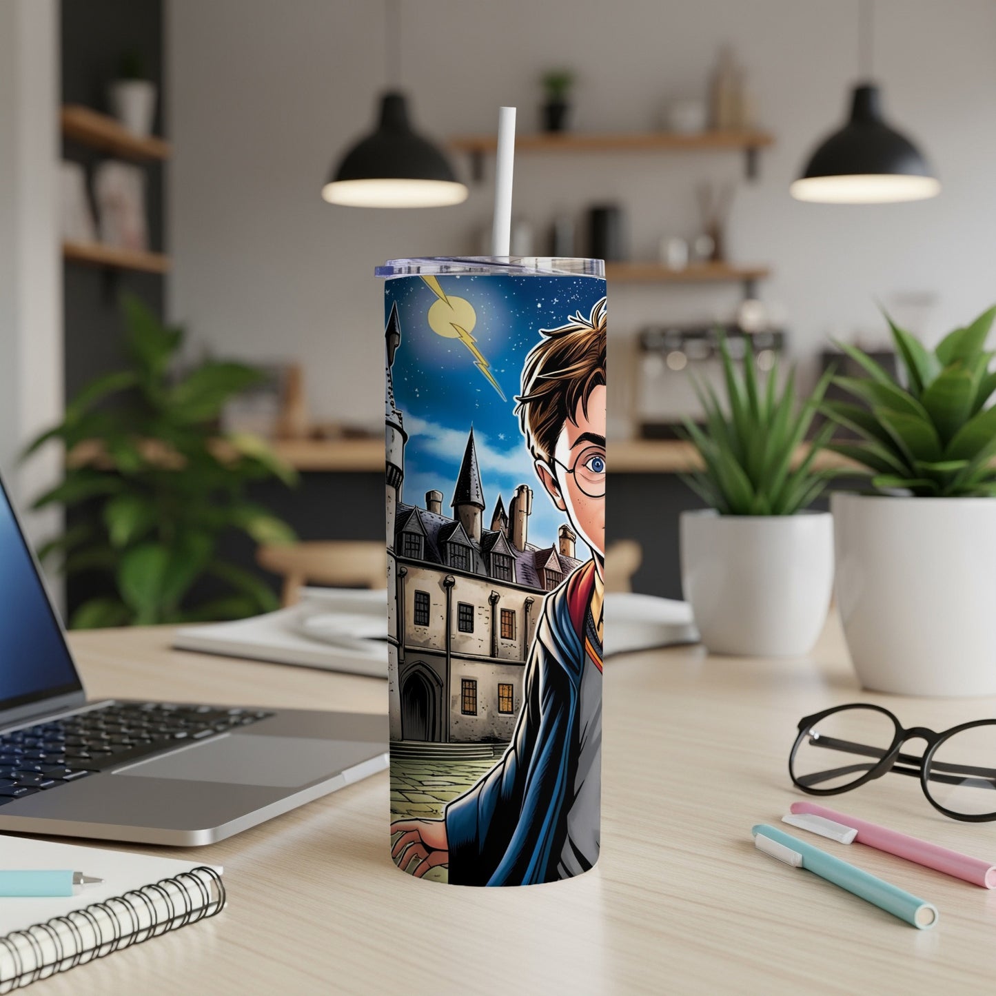 Harry Potter character with Hogwarts castle in background on a tumbler.