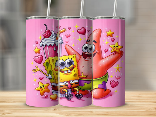 Vibrant Cartoon Characters Pink Background Tumbler