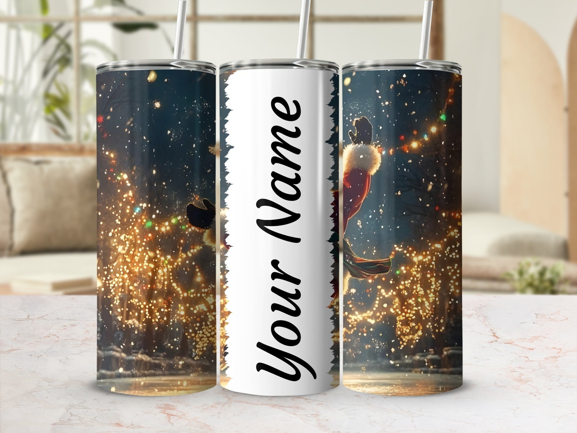 Festive Personalized Glitter Tumbler with Straw
