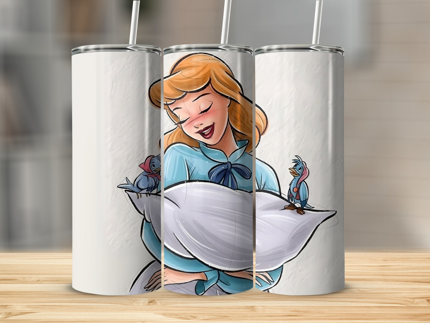 Cinderella and Birds Cartoon Illustration Tumbler