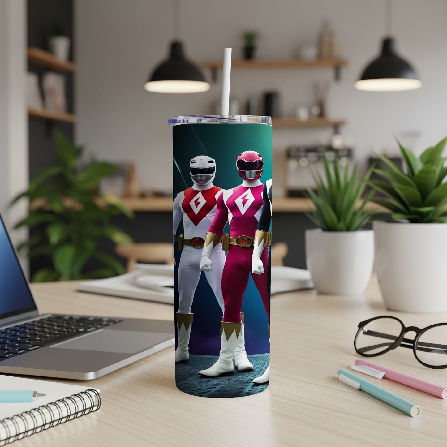 Two Power Rangers, Red and Pink, stand together on a tumbler.