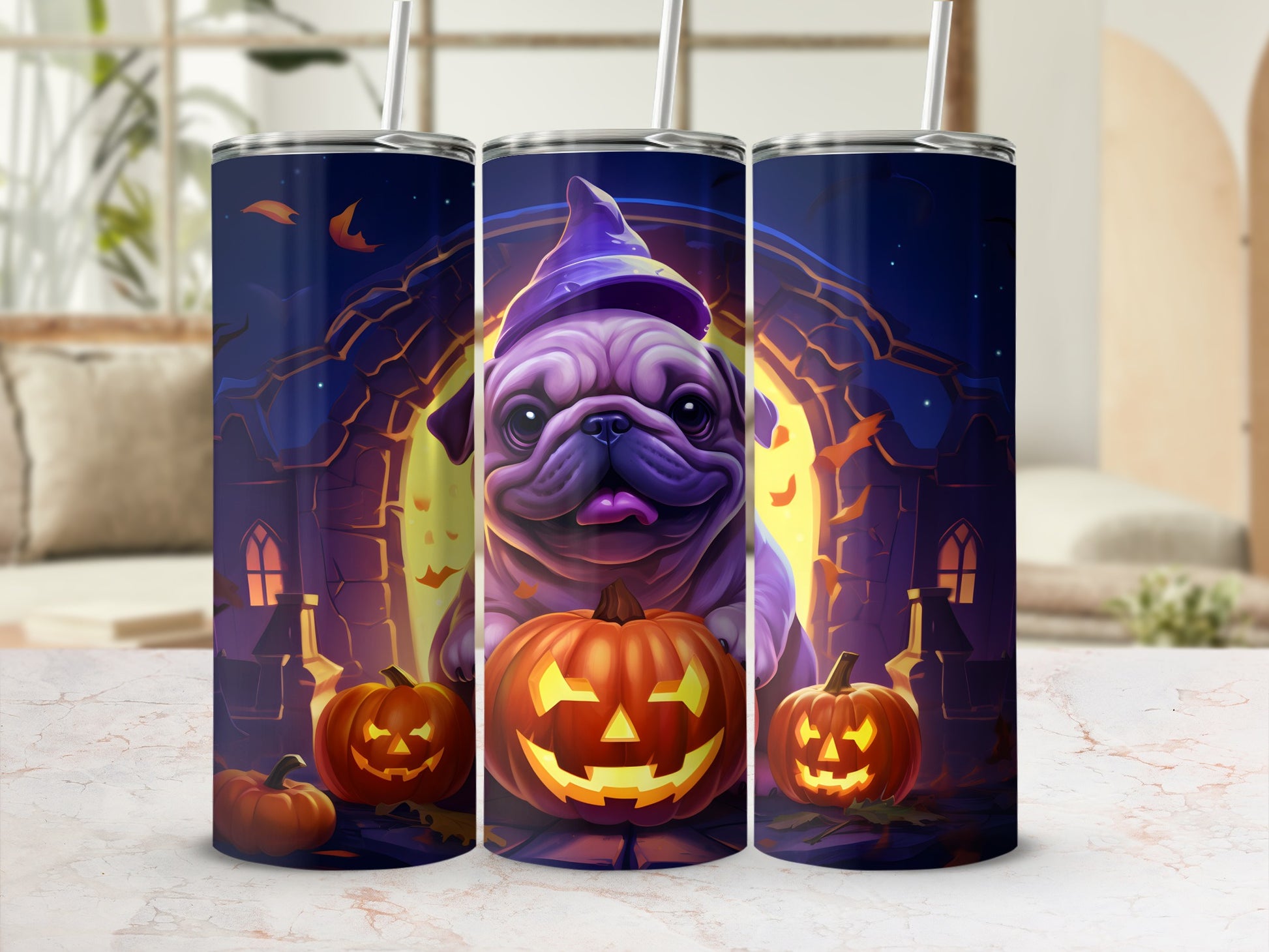 Halloween tumbler with a purple pug wearing a witch hat and holding pumpkins.