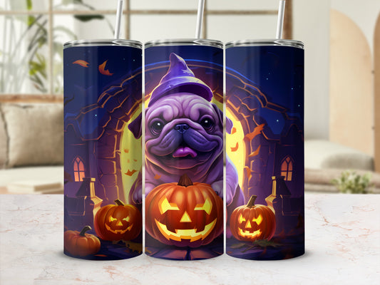 Halloween tumbler with a purple pug wearing a witch hat and holding pumpkins.