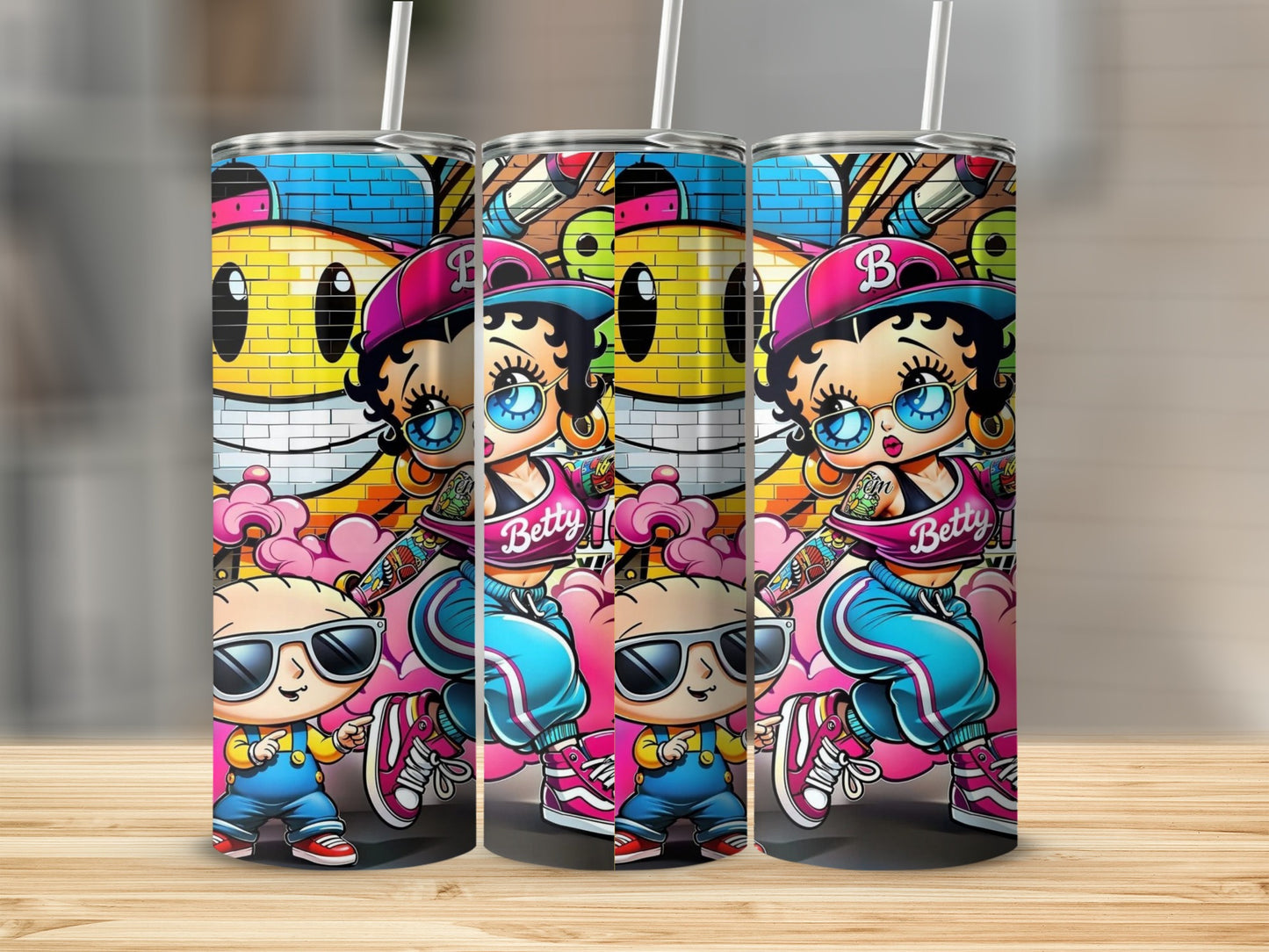 Colorful Betty Boop and Stewie Graffiti Art Tumbler Cups