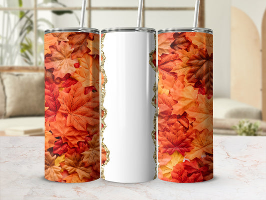 Two tumblers with fall leaves design and a white middle section.