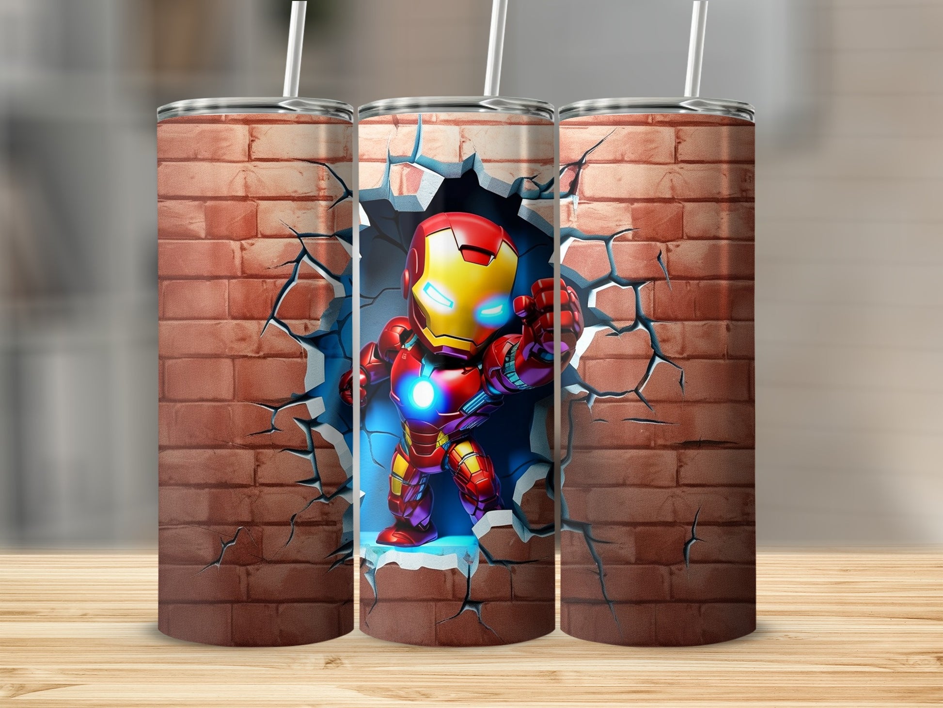 Iron Man Bursting Through Brick Wall Design Tumbler