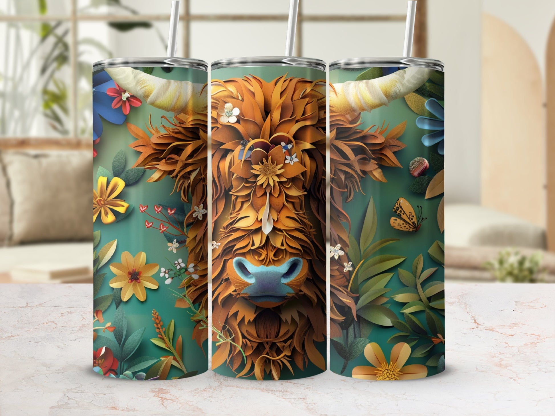 Highland cow with flowers and foliage on a tall tumbler.