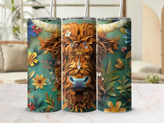 Highland cow with flowers and foliage on a tall tumbler.