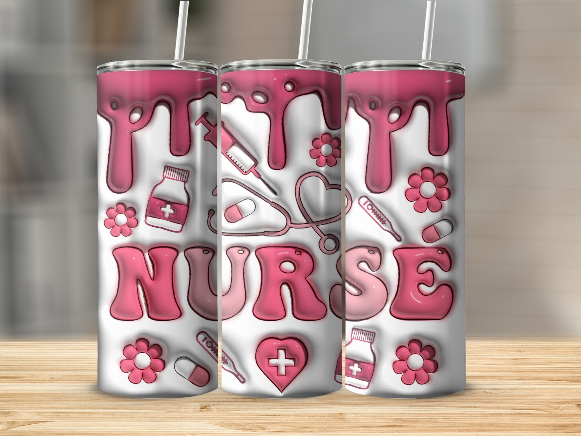 Pink dripping nurse text with medical icons and flowers on a tumbler.