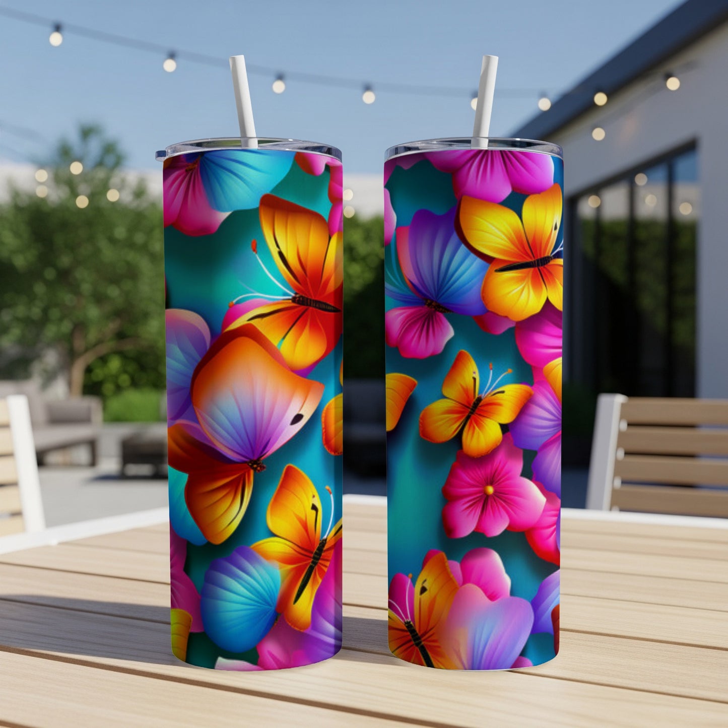 Two colorful butterfly-patterned tumblers with straws on a wooden table outdoors.