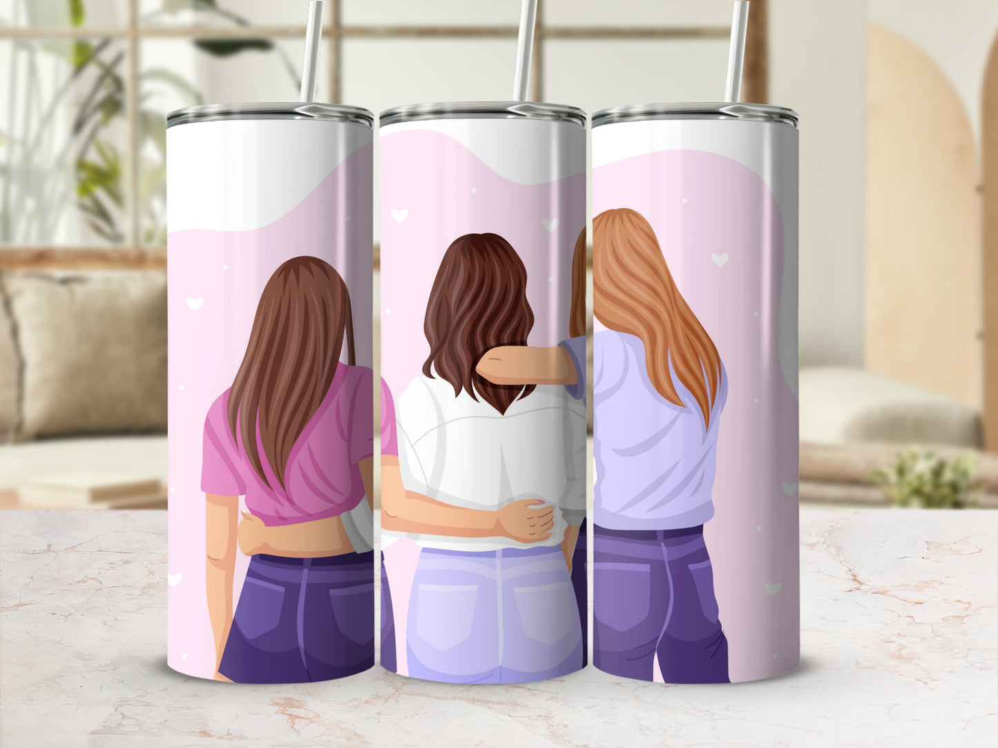Friendship Themed Tumbler with Three Girls Illustration
