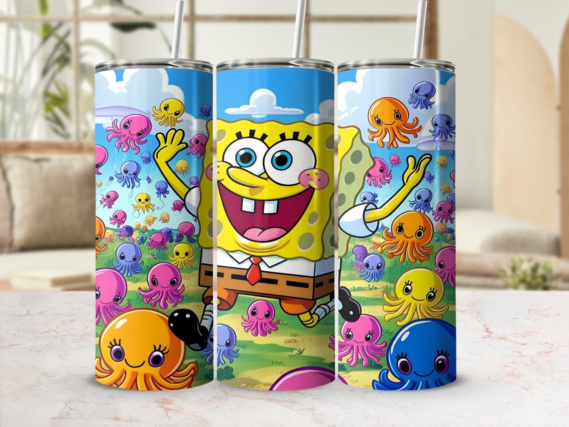 SpongeBob SquarePants with colorful octopi on a blue background.