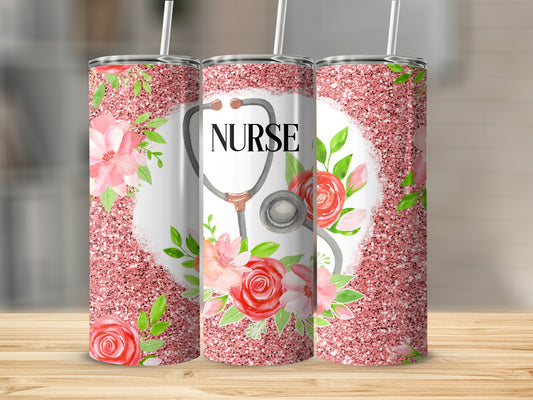 Glittery rose gold tumbler with stethoscope and pink floral design, text "NURSE".