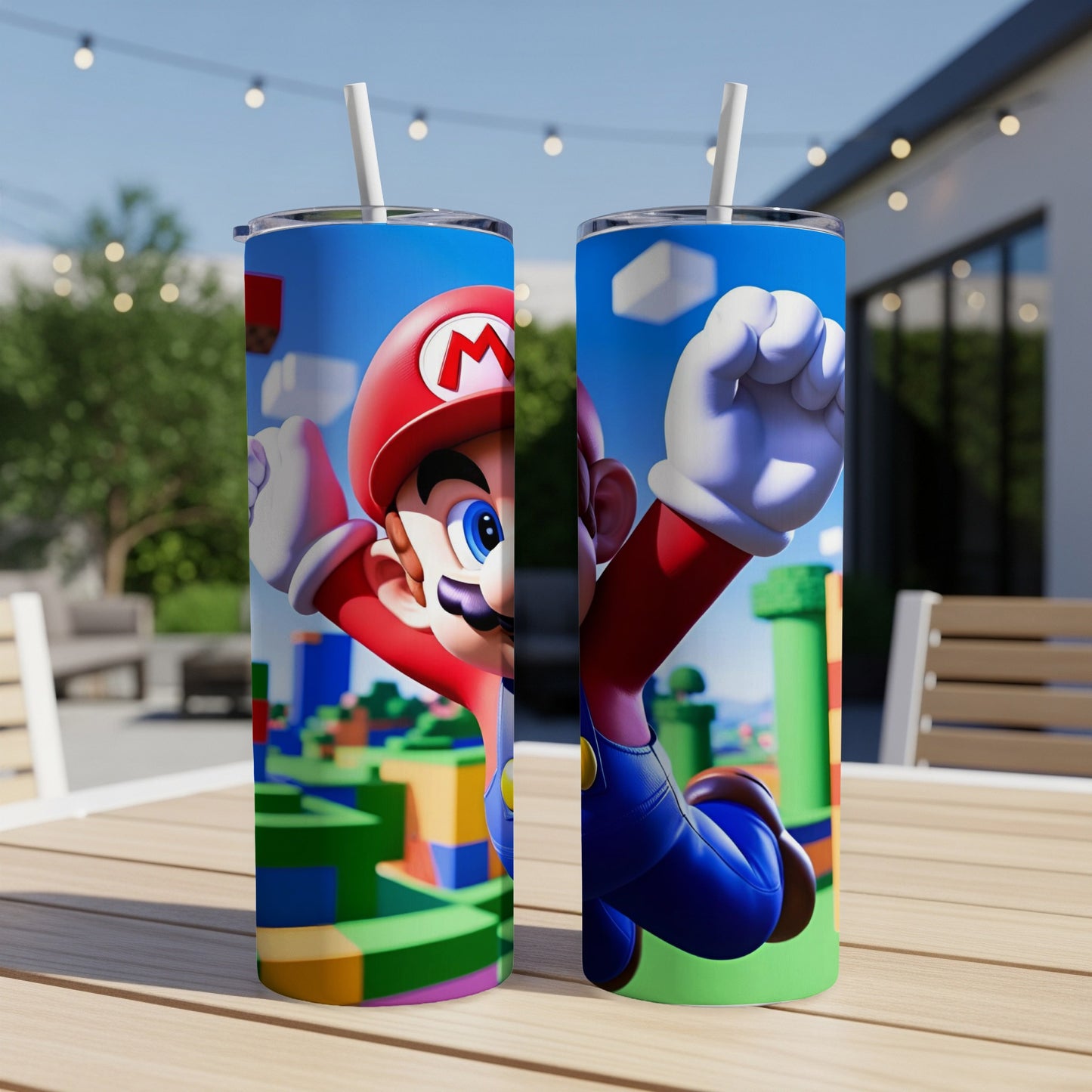 Mario illustration on a double-sided tumbler with a blurred outdoor background.
