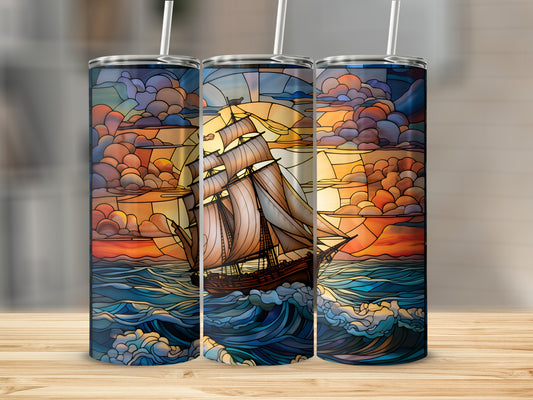 Three tumblers featuring a sailboat on choppy seas at sunset.