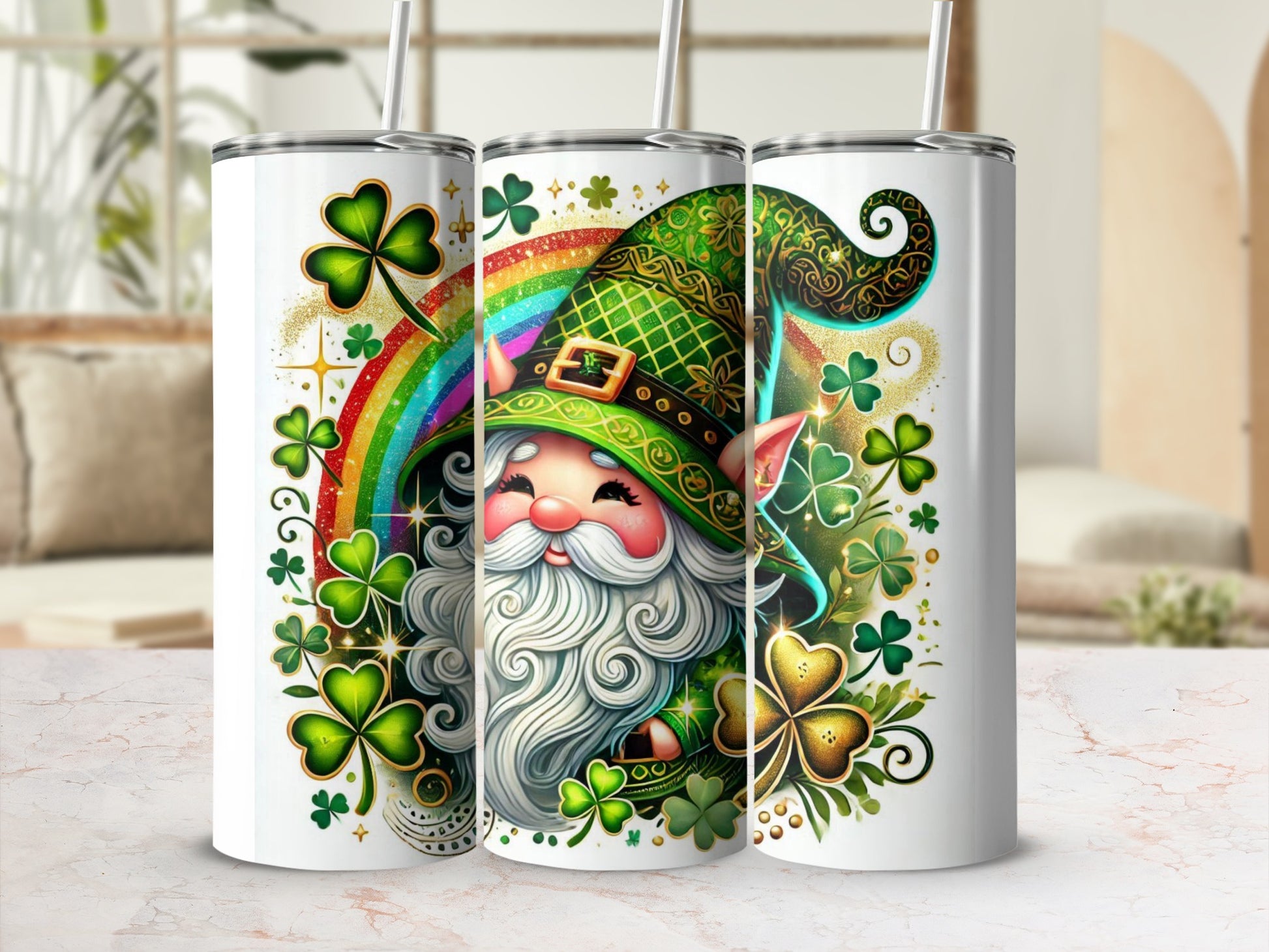 Green gnome with rainbow and shamrocks on a white tumbler.