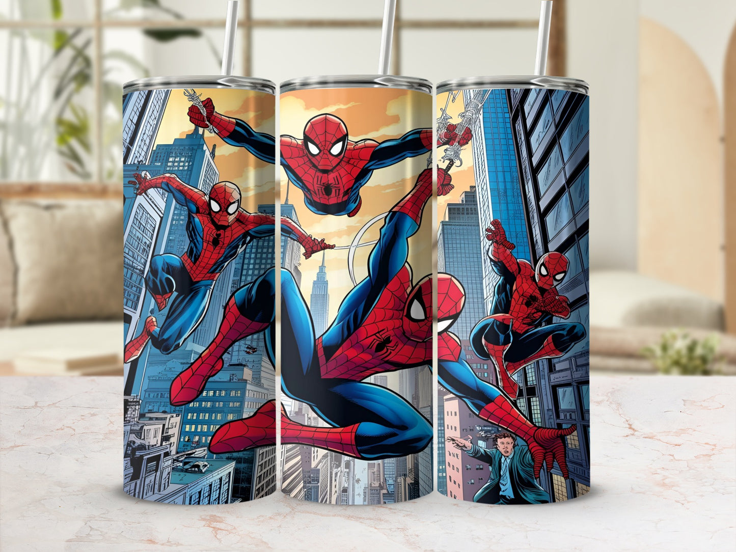 Spider-Man leaping between buildings on a patterned tumbler.