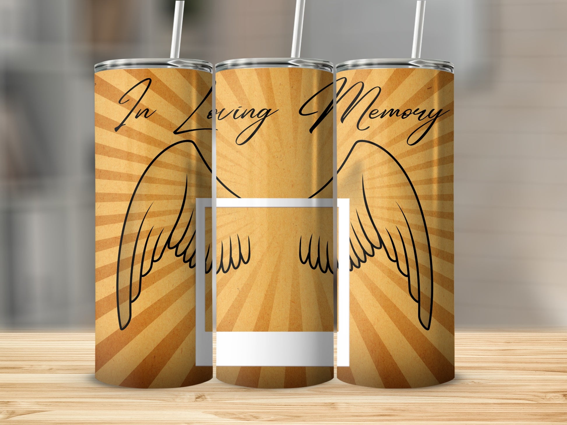 Triptych of tumblers with "In Loving Memory" text and angel wings.