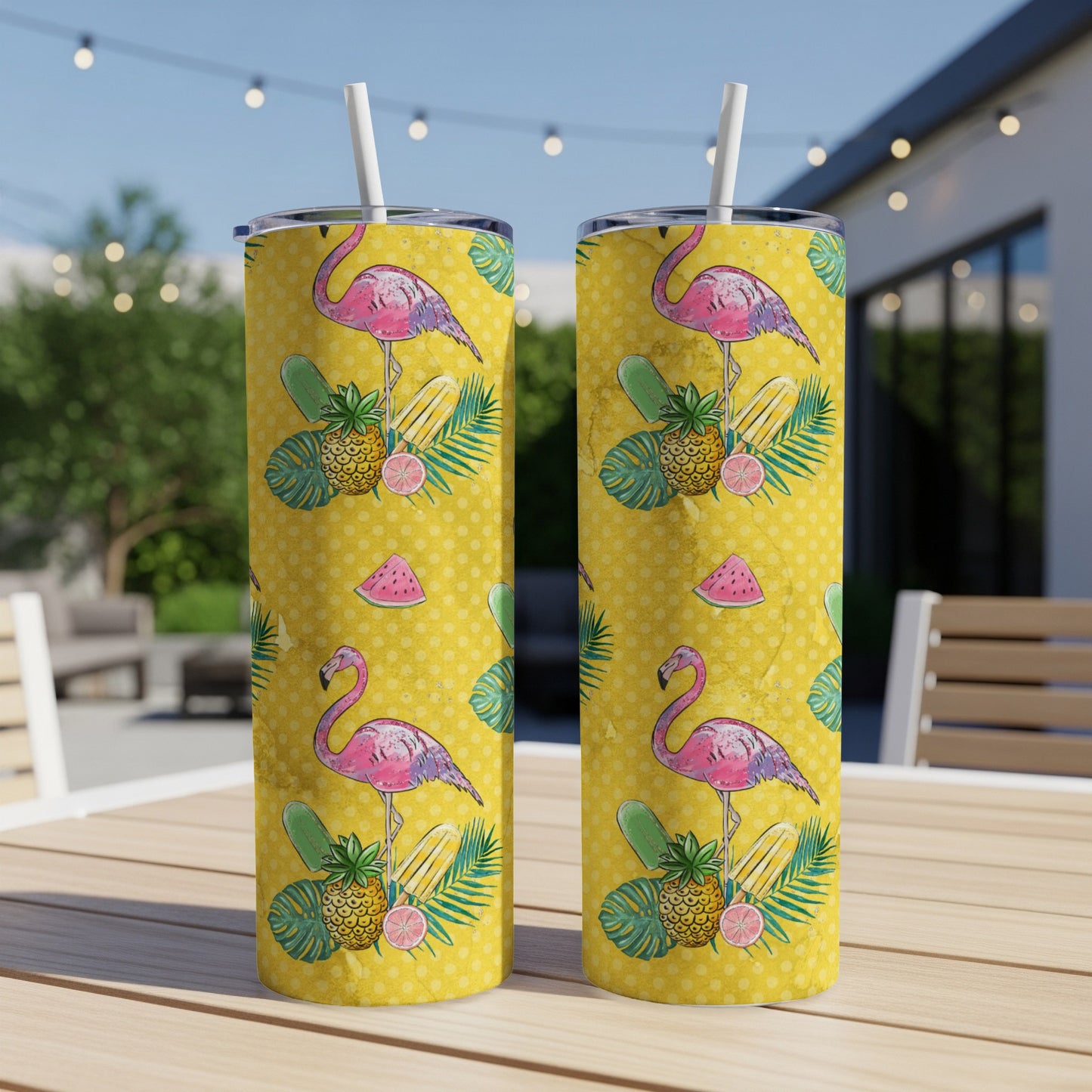 Two tall tumblers with a yellow background featuring flamingos, watermelon, and pineapple patterns.