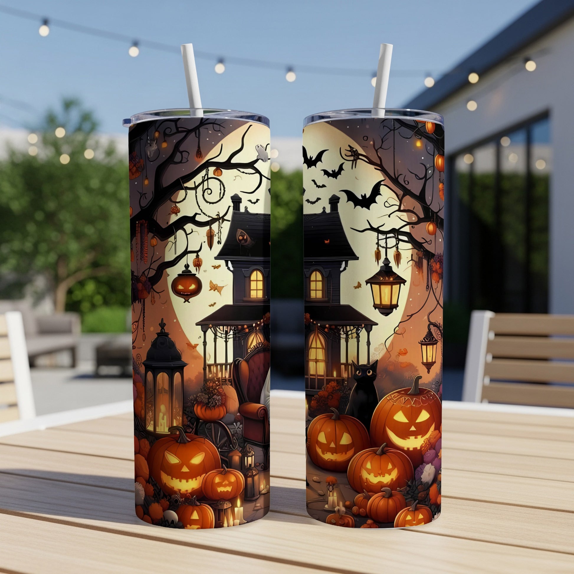 Two tumblers with a Halloween theme, featuring pumpkins, a black cat, bats, and a haunted house.