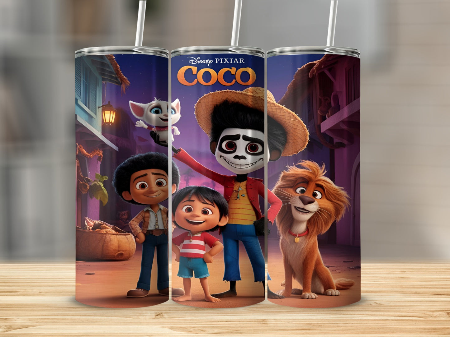 Coco movie characters Miguel, Hector, Dante, and Ernesto de la Cruz on a tumbler.