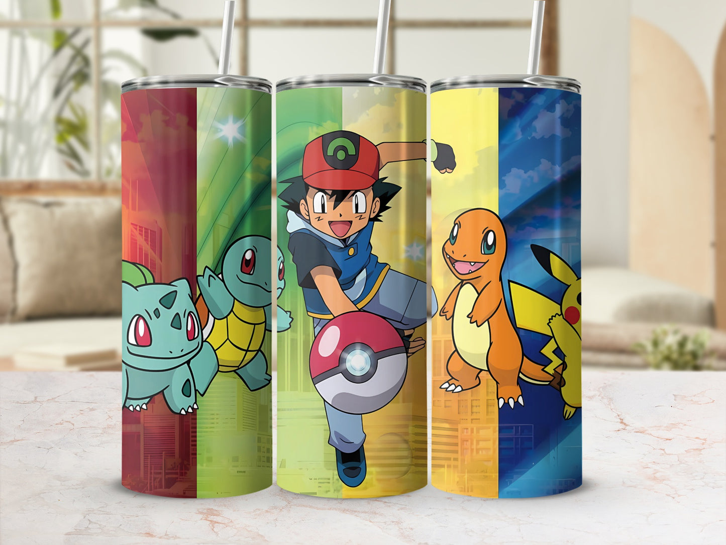 Pokemon Character Themed Tumblers Set with Straws