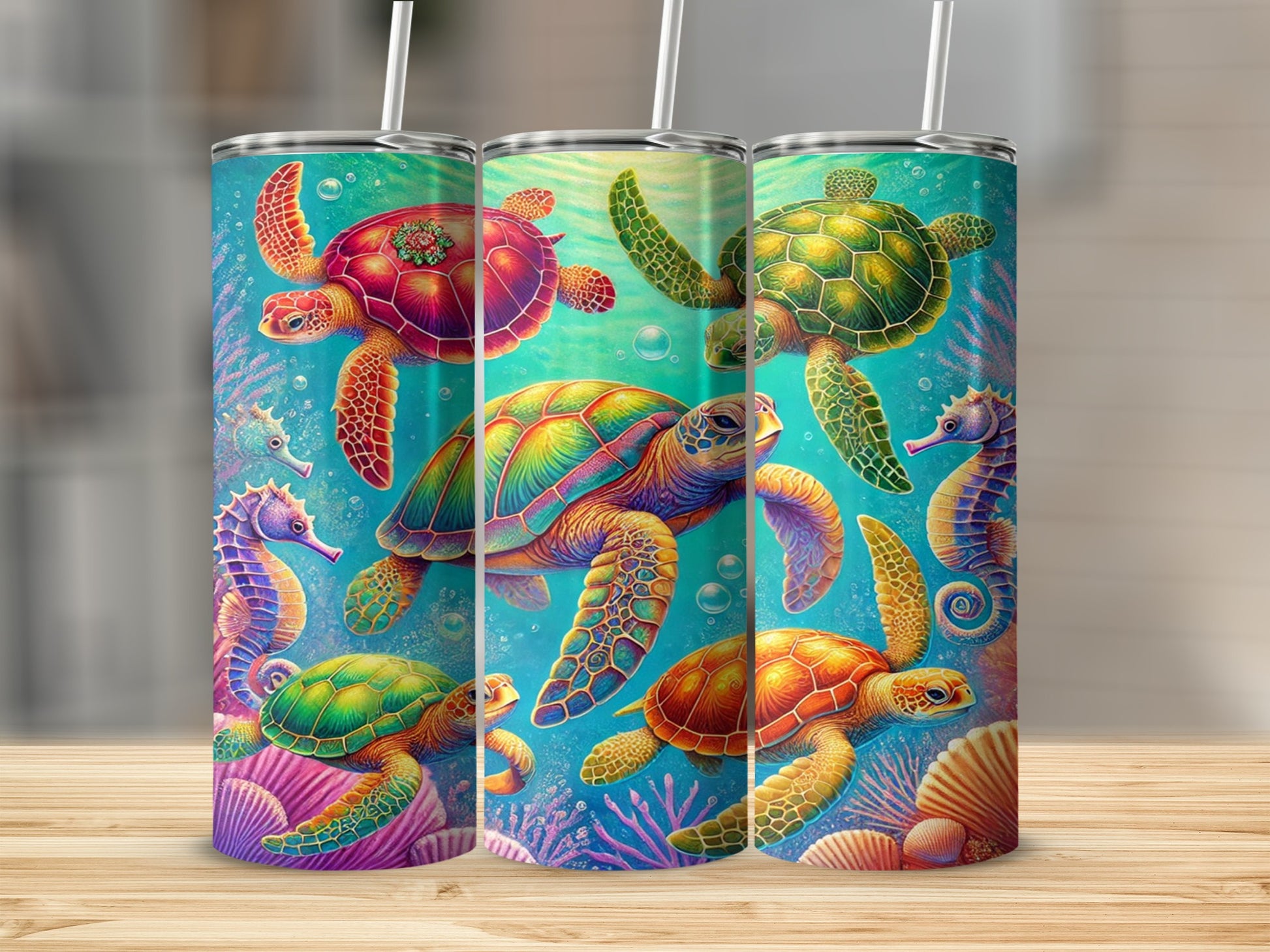 Colorful Sea Turtle and Seahorse Tumbler product