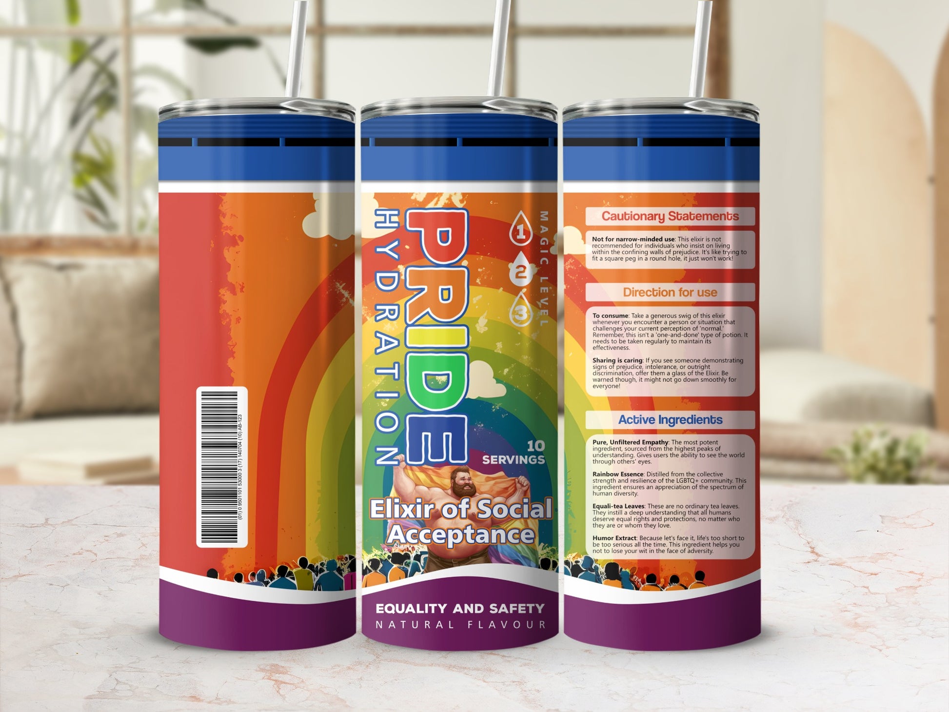 Pride Hydration Elixir of Social Acceptance tumbler with rainbow and text.