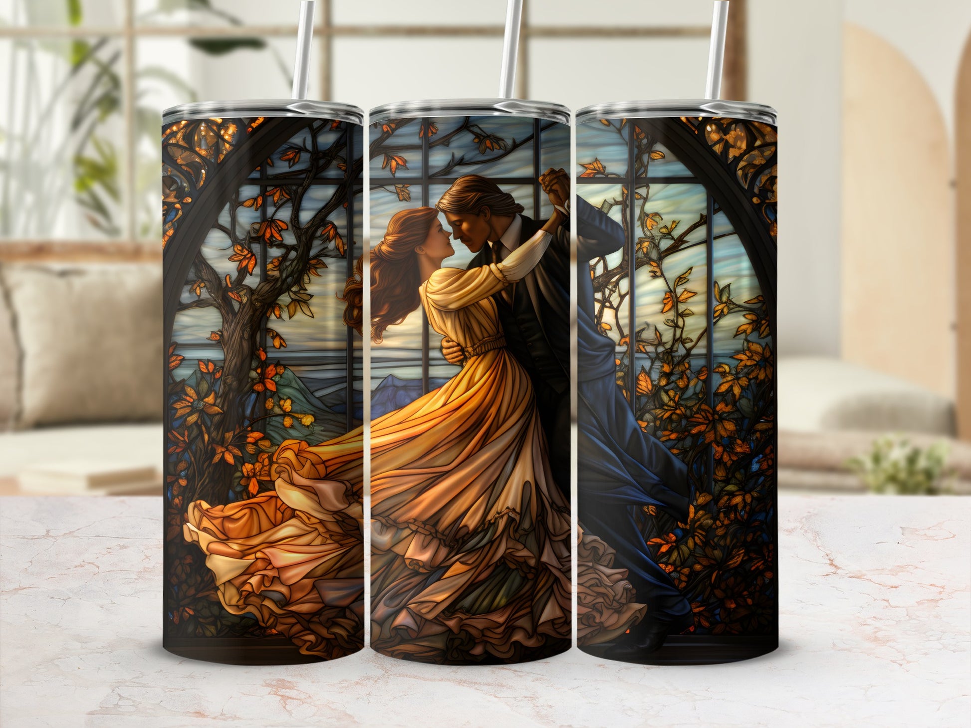 Couple dancing in stained glass window motif on tumblers.