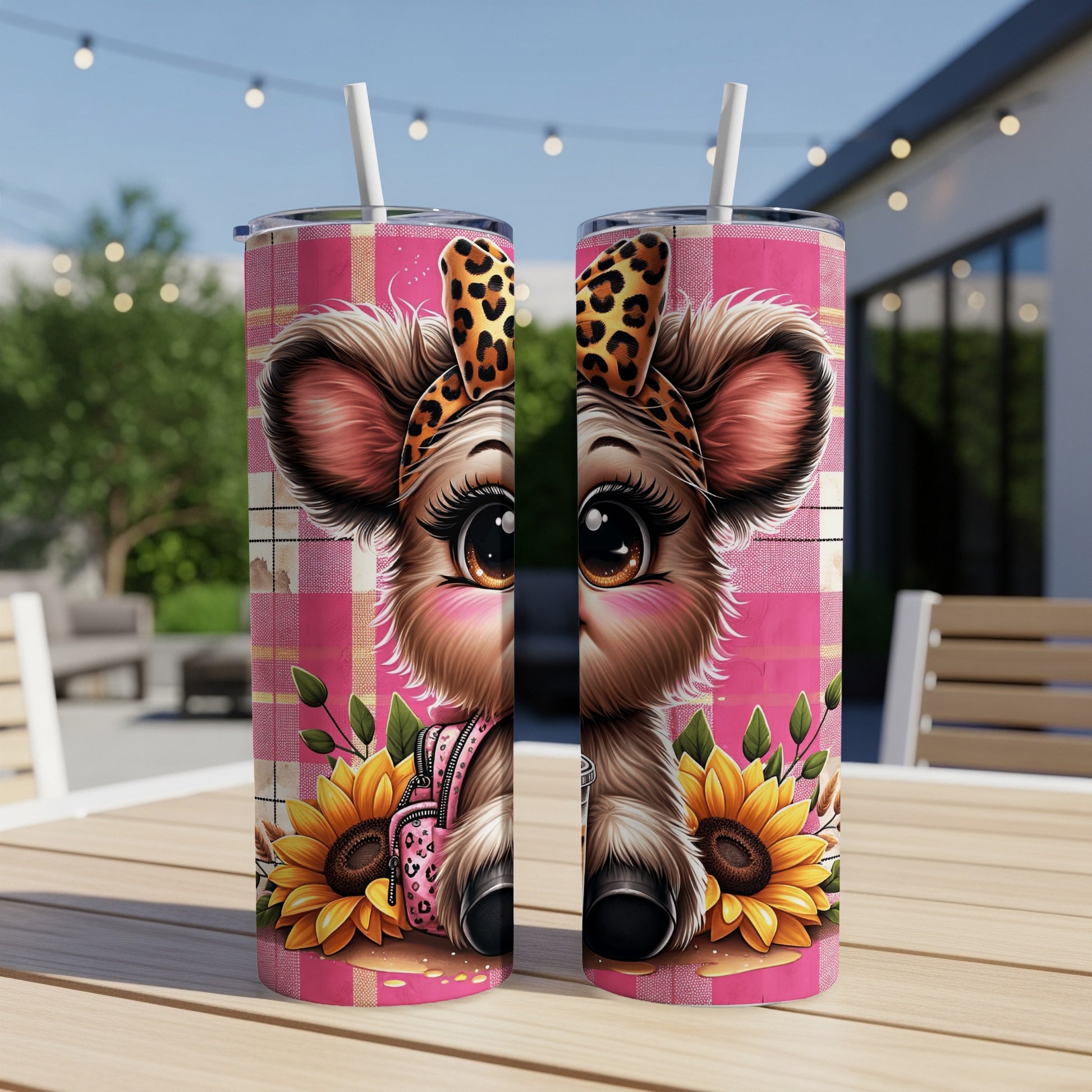 Pink plaid tumbler featuring a cute cartoon bear with sunflowers and leopard print accents.