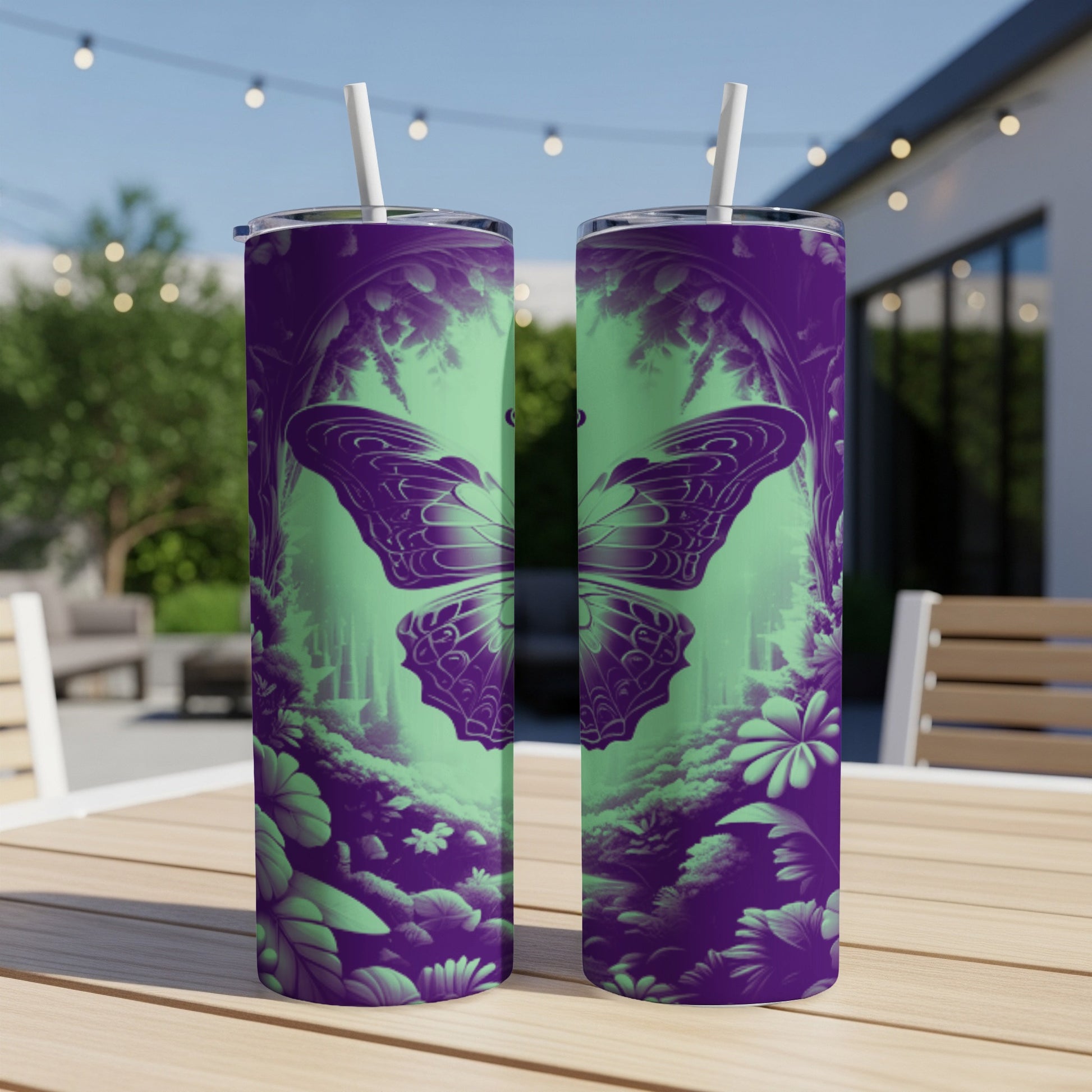 Purple butterfly design on a tall, cylindrical tumbler with a green forest background.