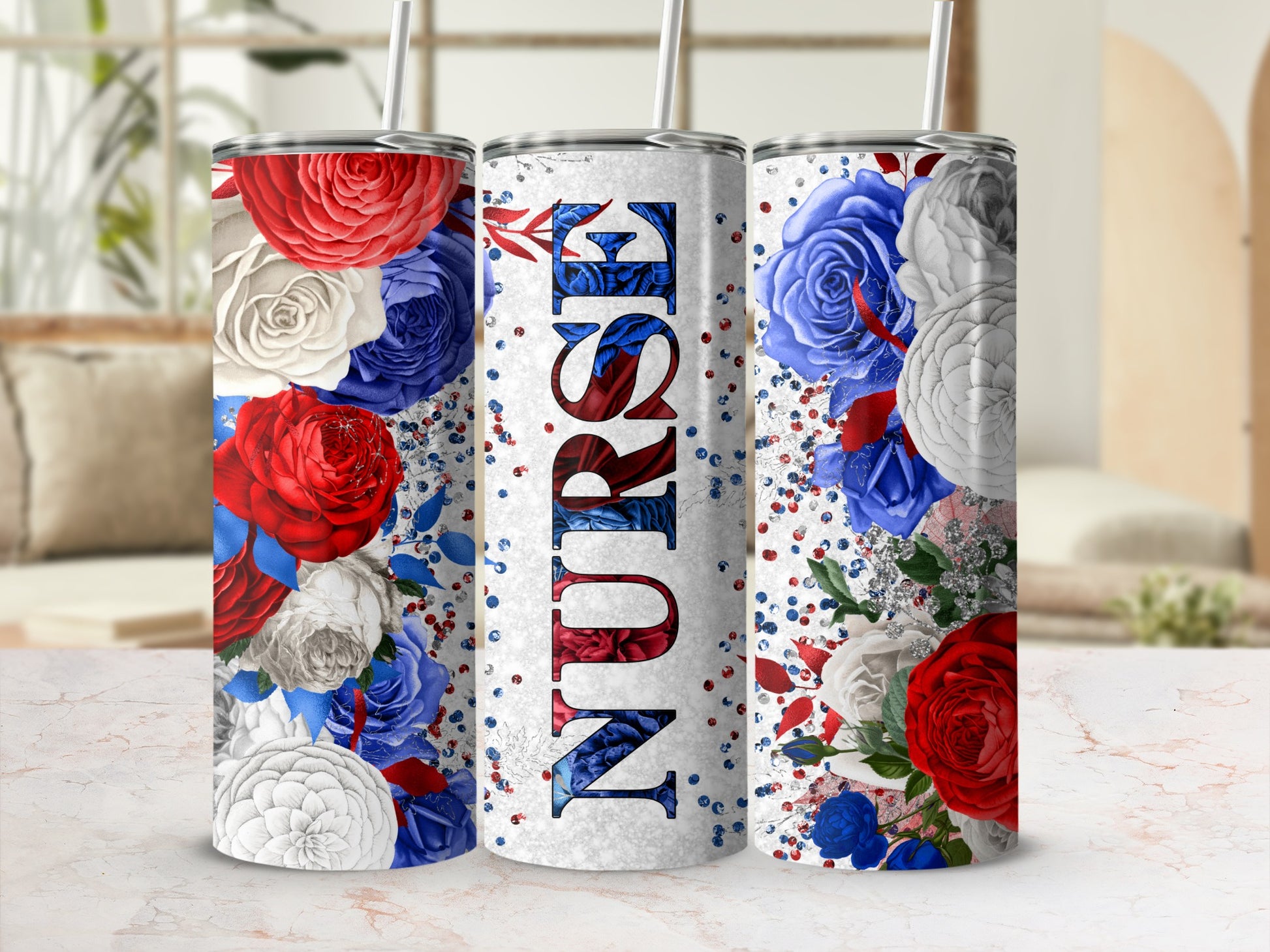 Tall tumbler with "Nurse" text and red, white, and blue floral design.