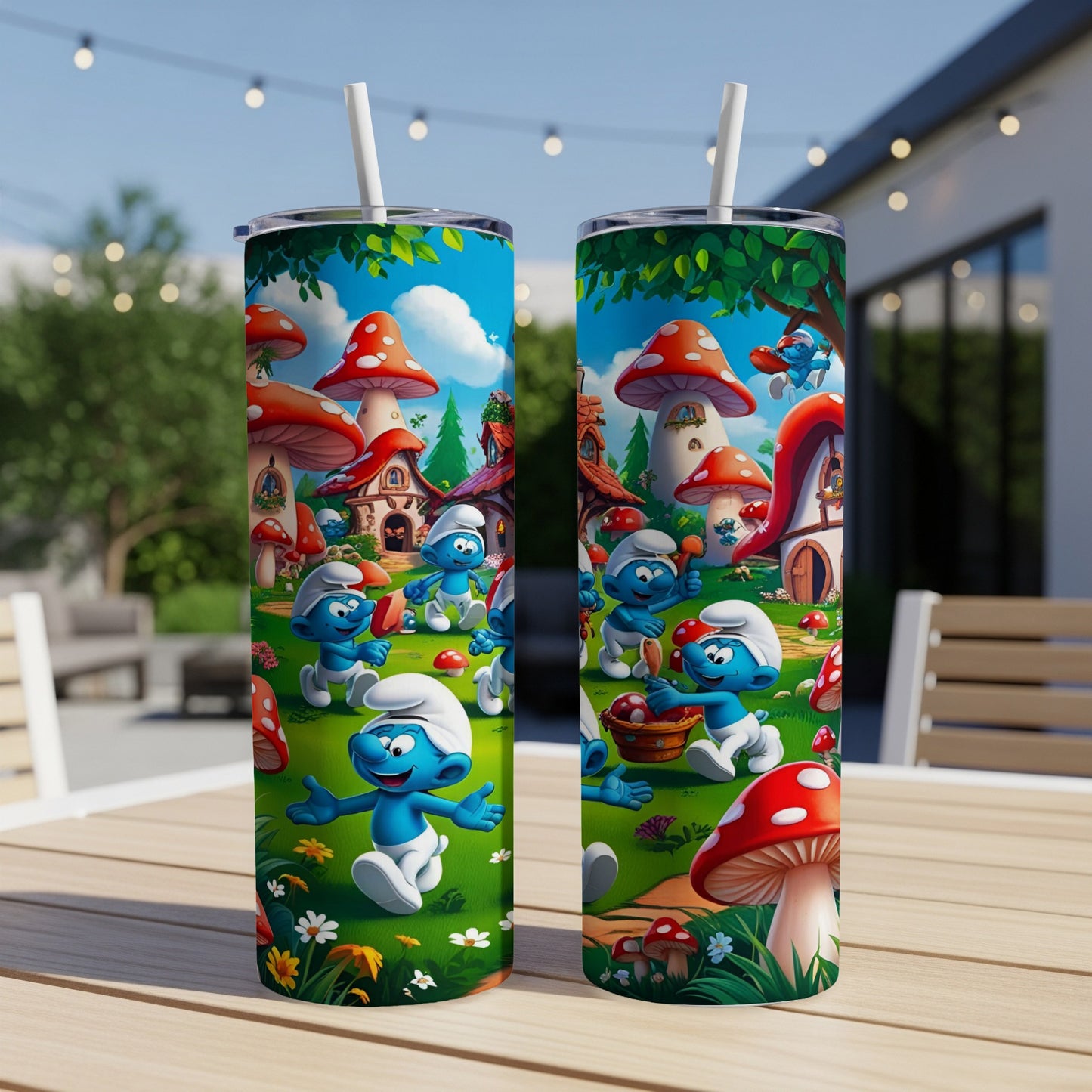 Smurfs playing in a village with mushroom houses and flowers.