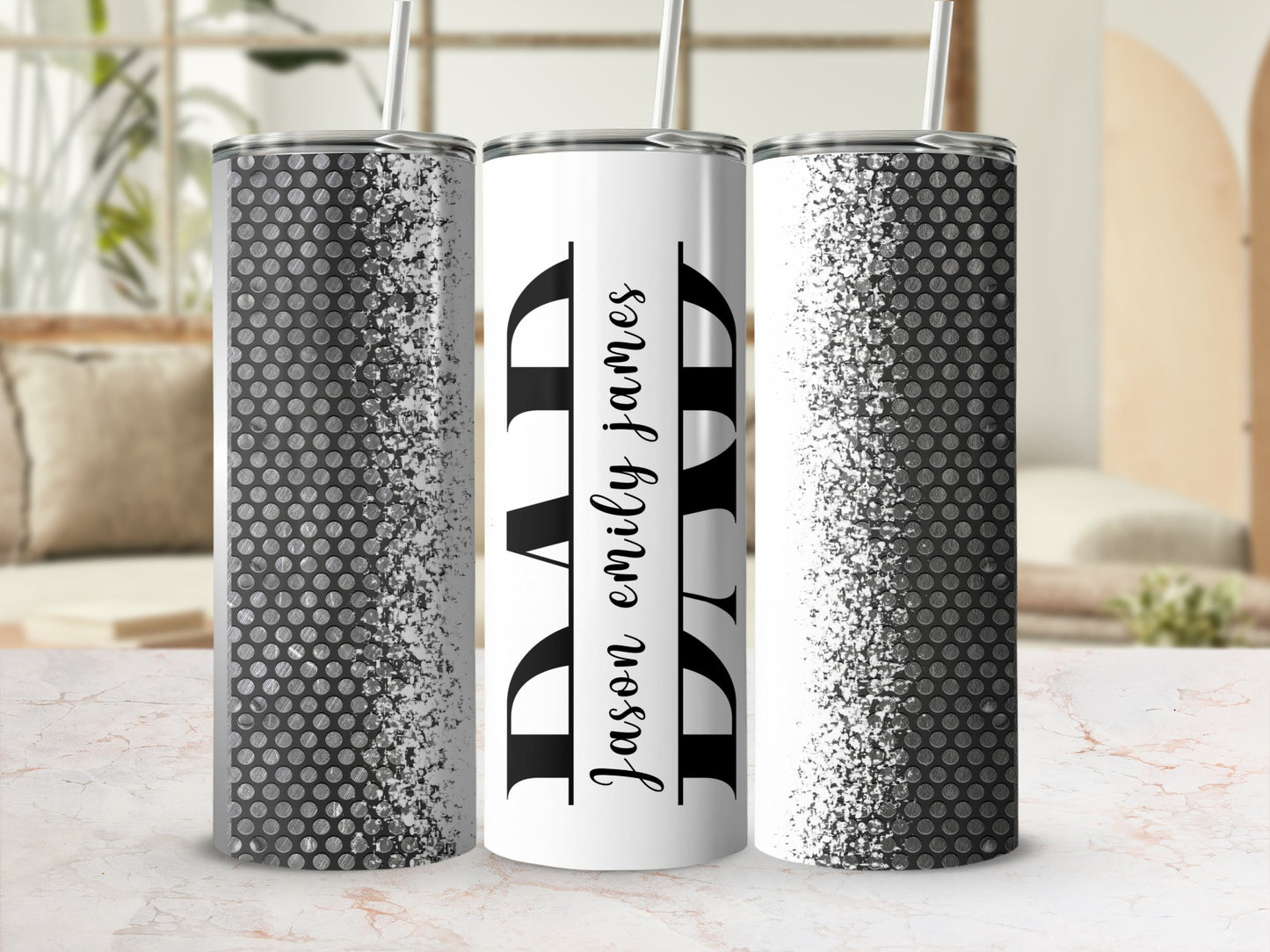 Tumblers with "DAD Jason Emily James" text and metallic dot pattern.