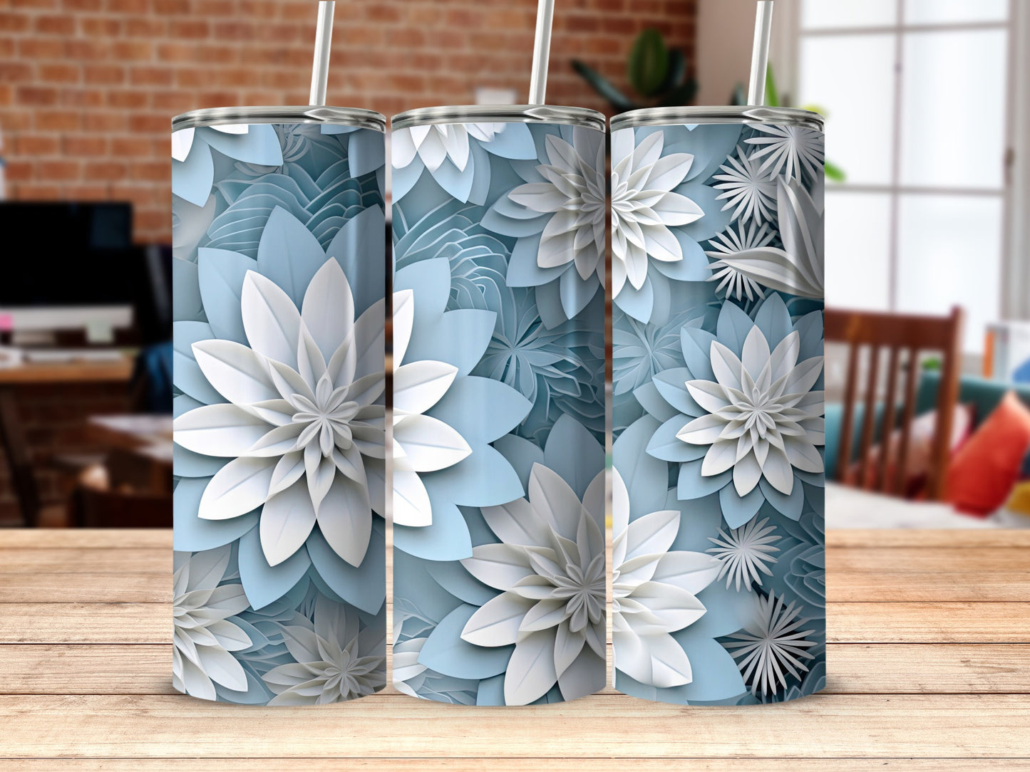 Blue and White 3D Floral Patterned Tumbler